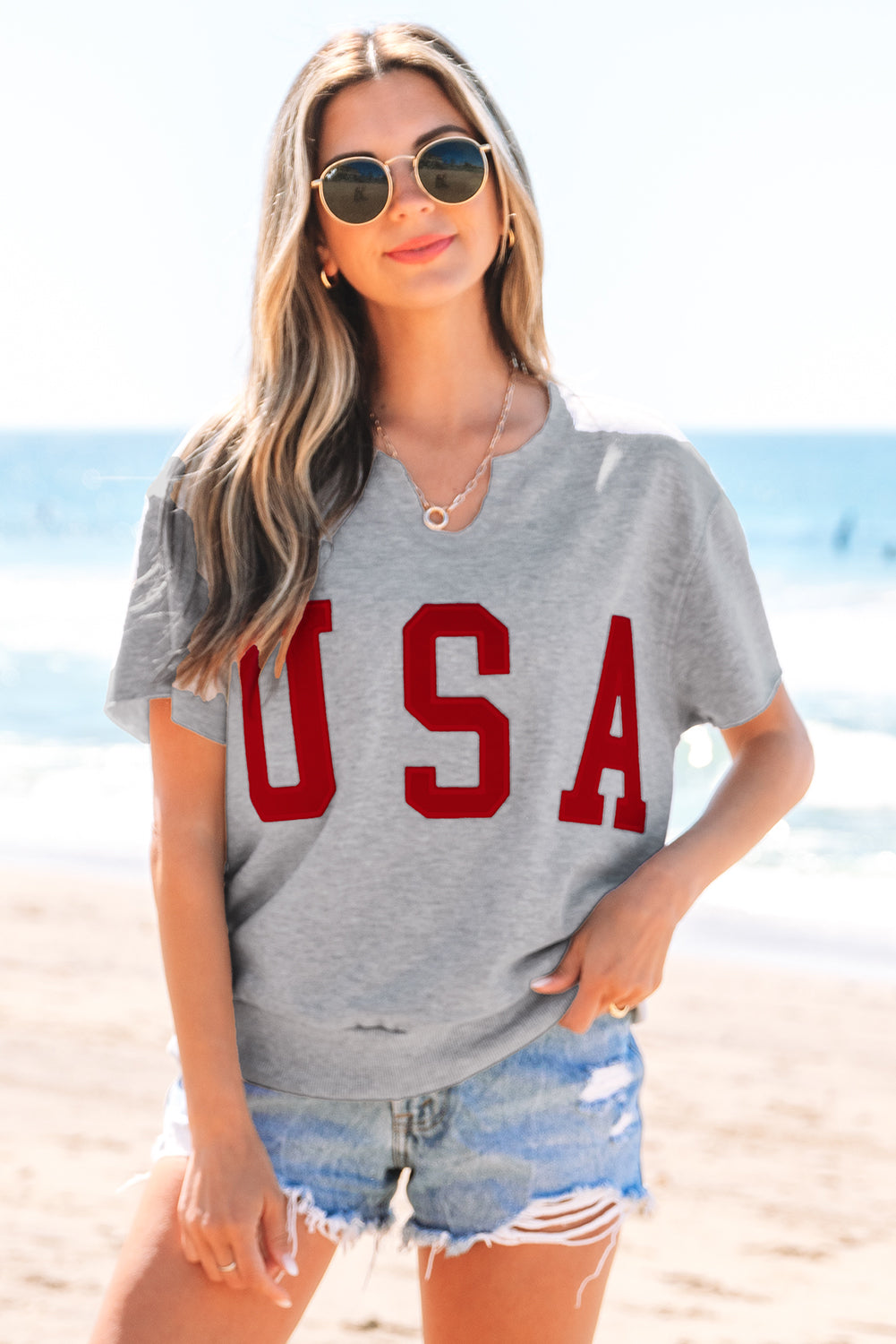 T-shirt ample à col cranté et inscription USA