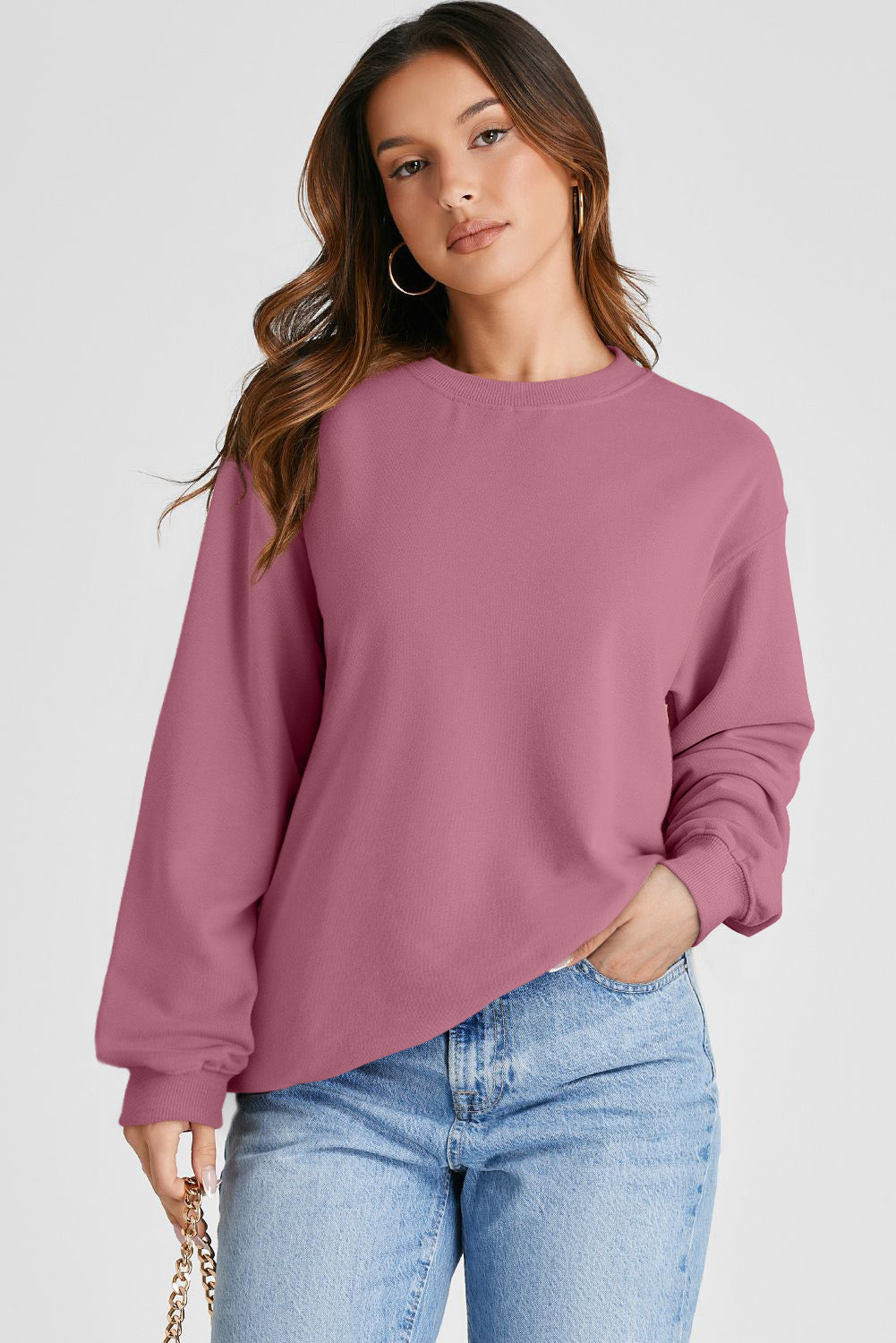 Sweat-shirt uni a col rond et épaules tombantes