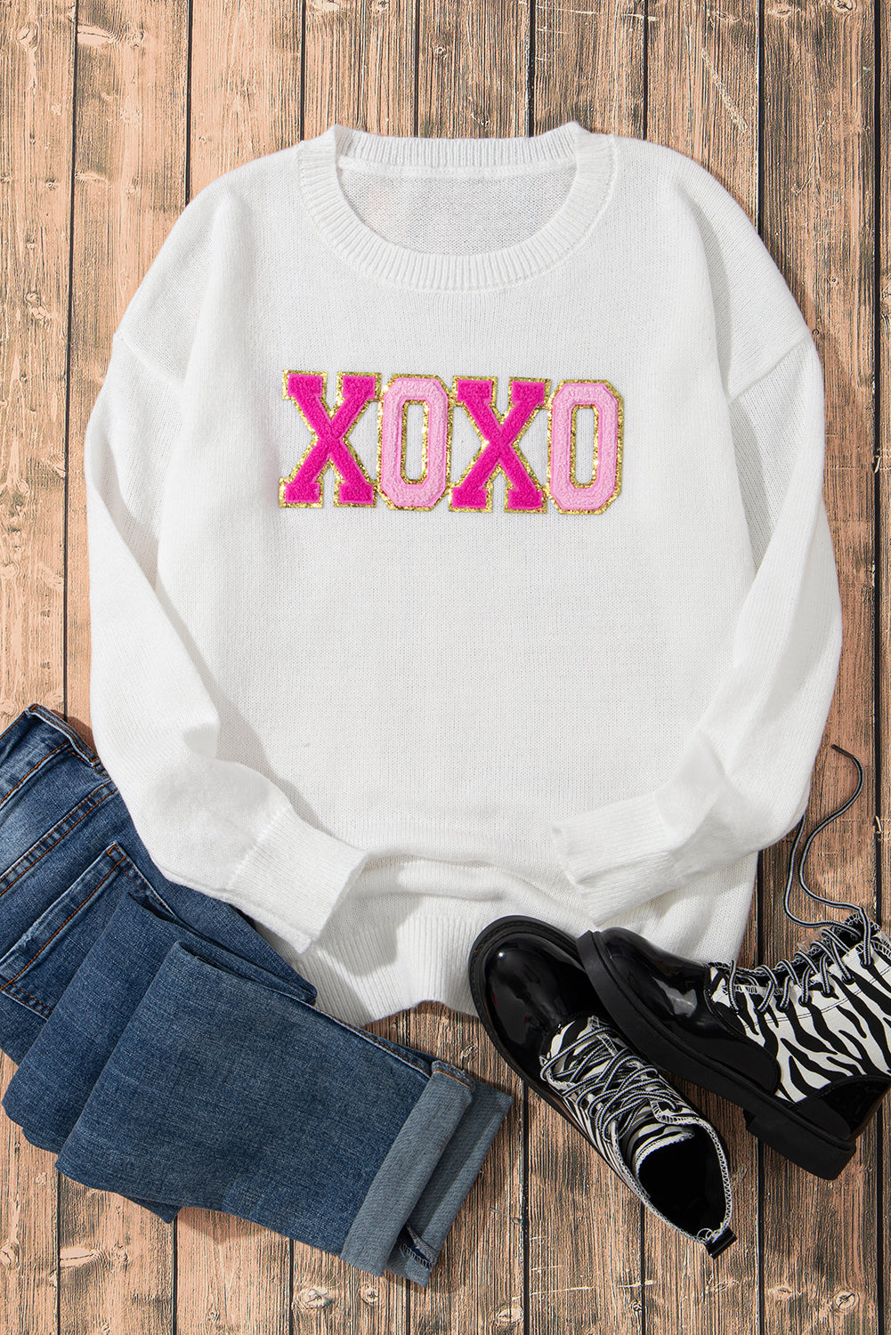 XOXO Pull décontracté a col rond imprimé pailleté