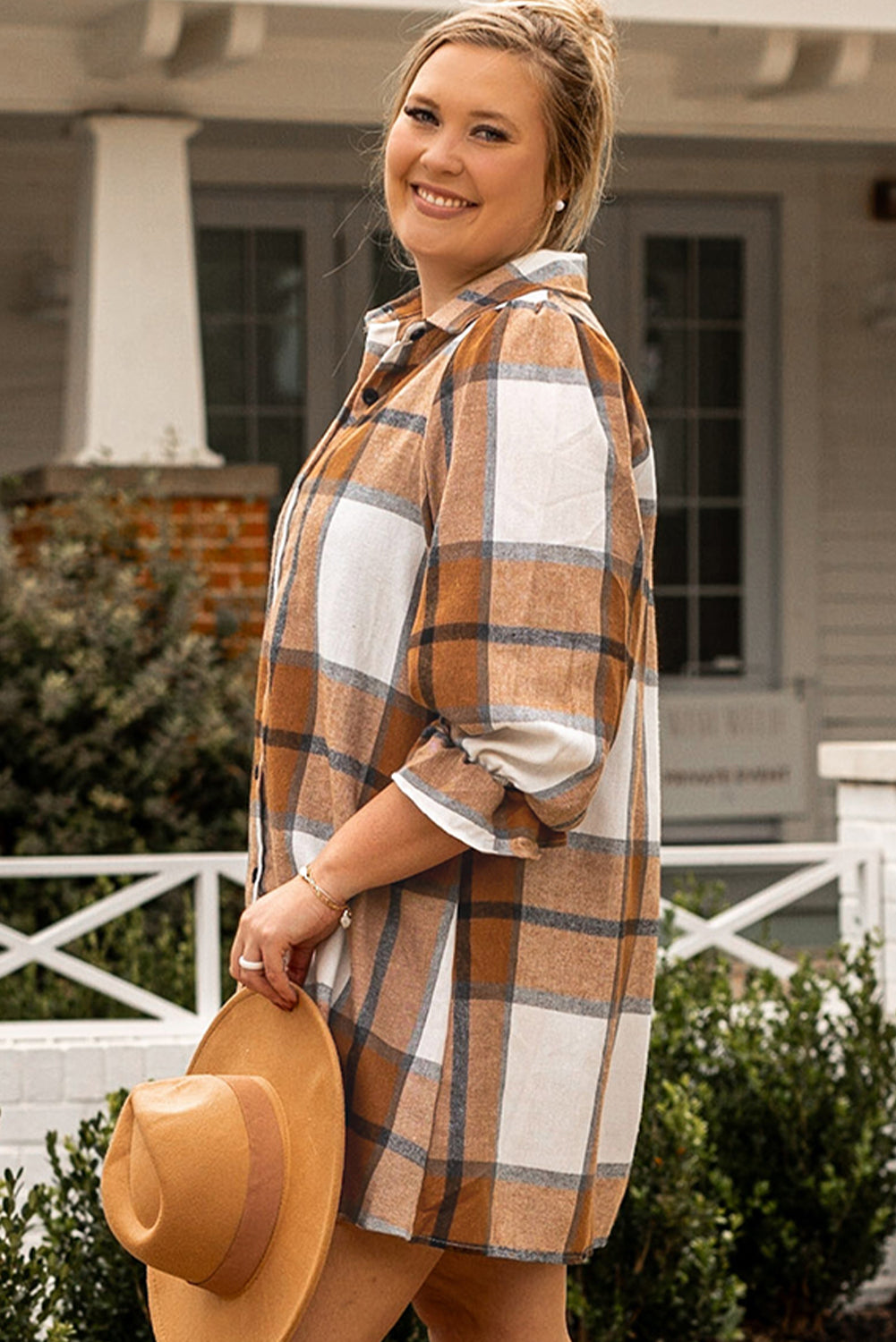 Robe Chemise Boutonnée à Carreaux à Manches Volantes de Grande Taille