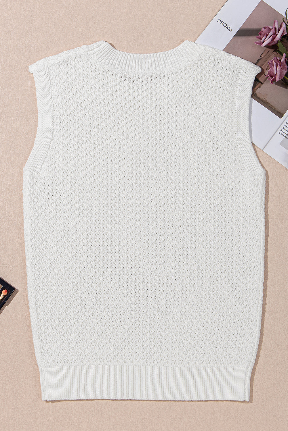 Gilet pull a col rond en tricot a œillets de couleur unie