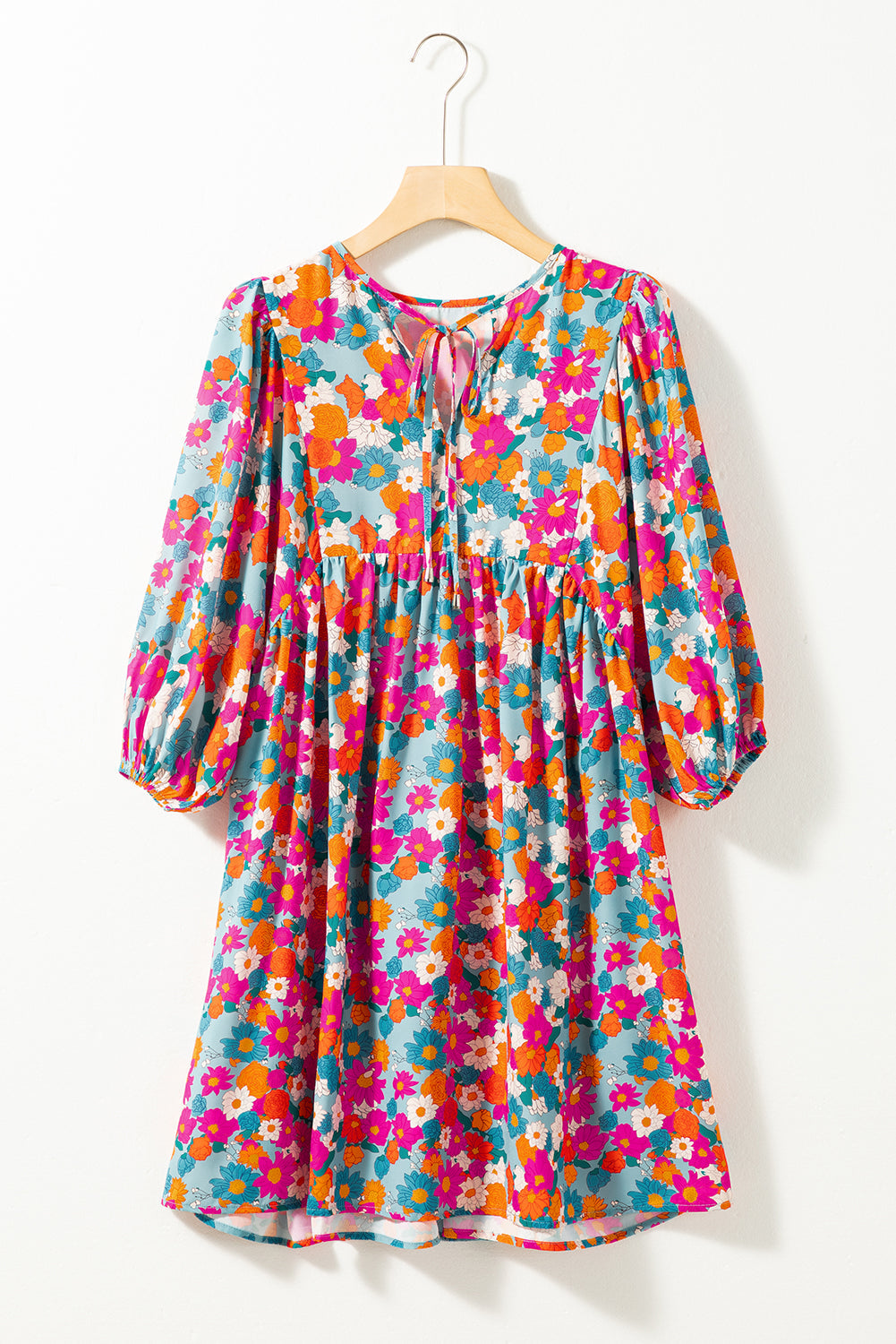 Robe babydoll a imprimé floral, col fendu, manches bulles