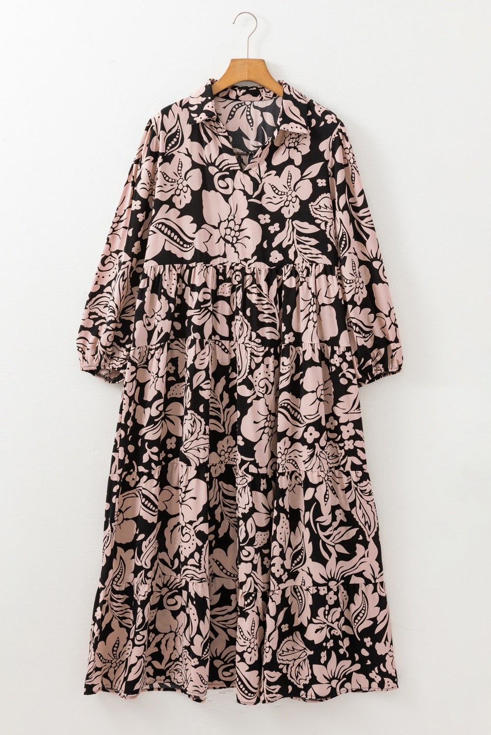 Robe Longue a Col Imprimé Floral et Manches Bouffantes de Grande Taille
