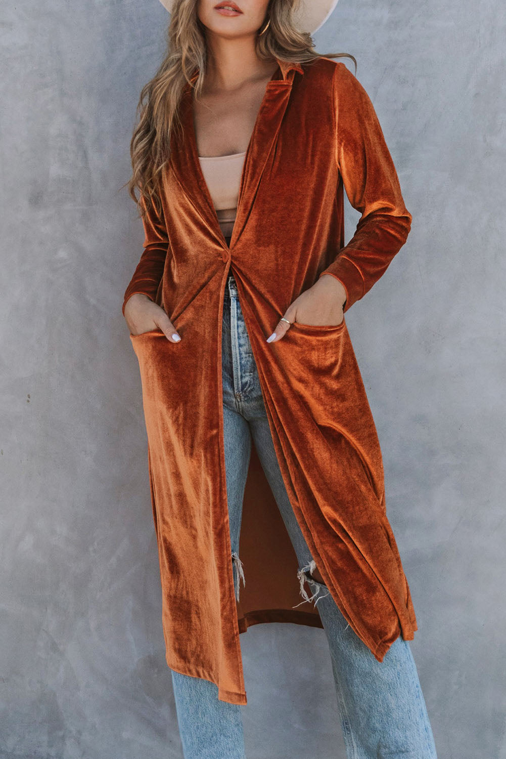 Manteau de poche a manches longues en velours rétro