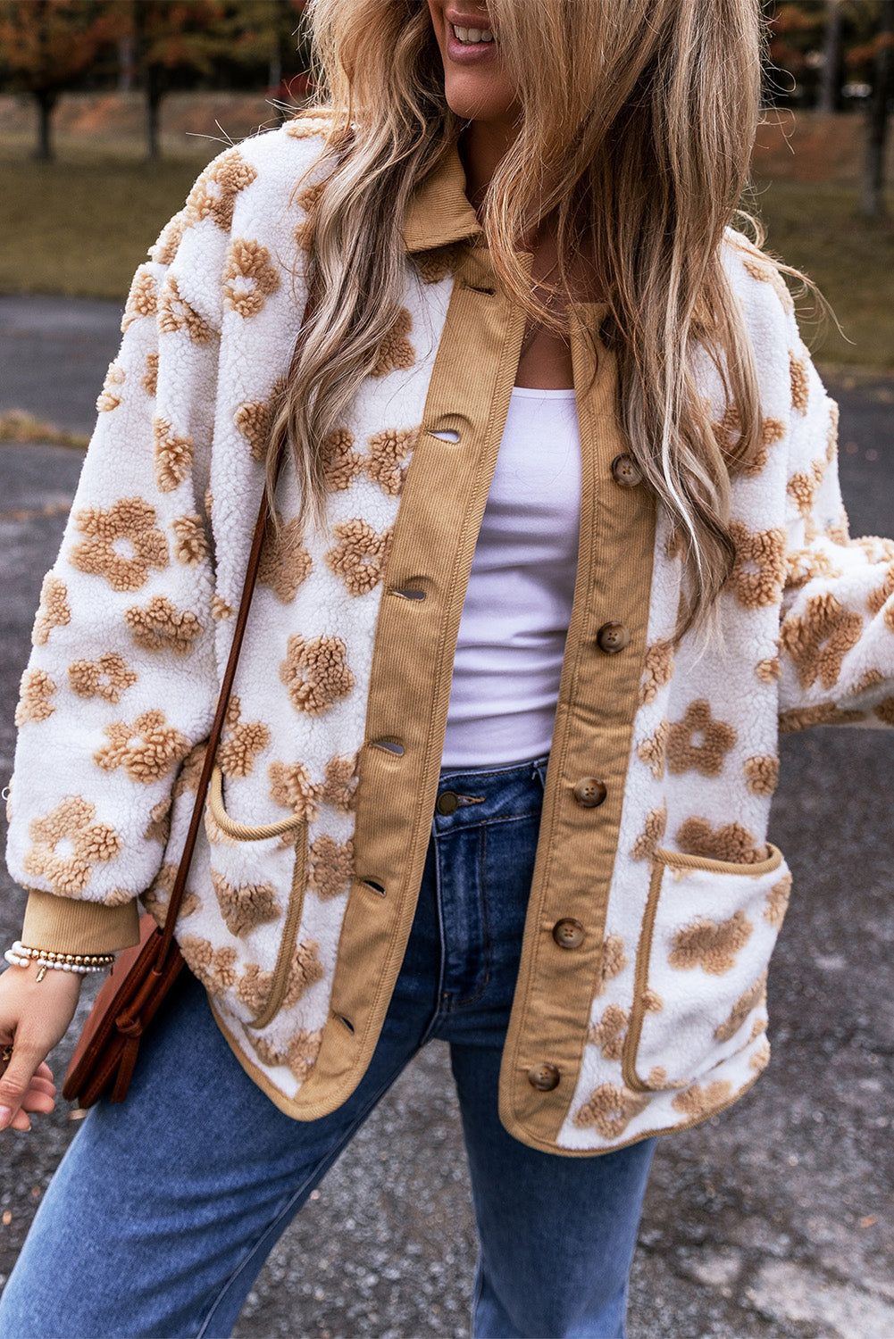 Veste polaire boutonnée a motif de fleurs mignonnes