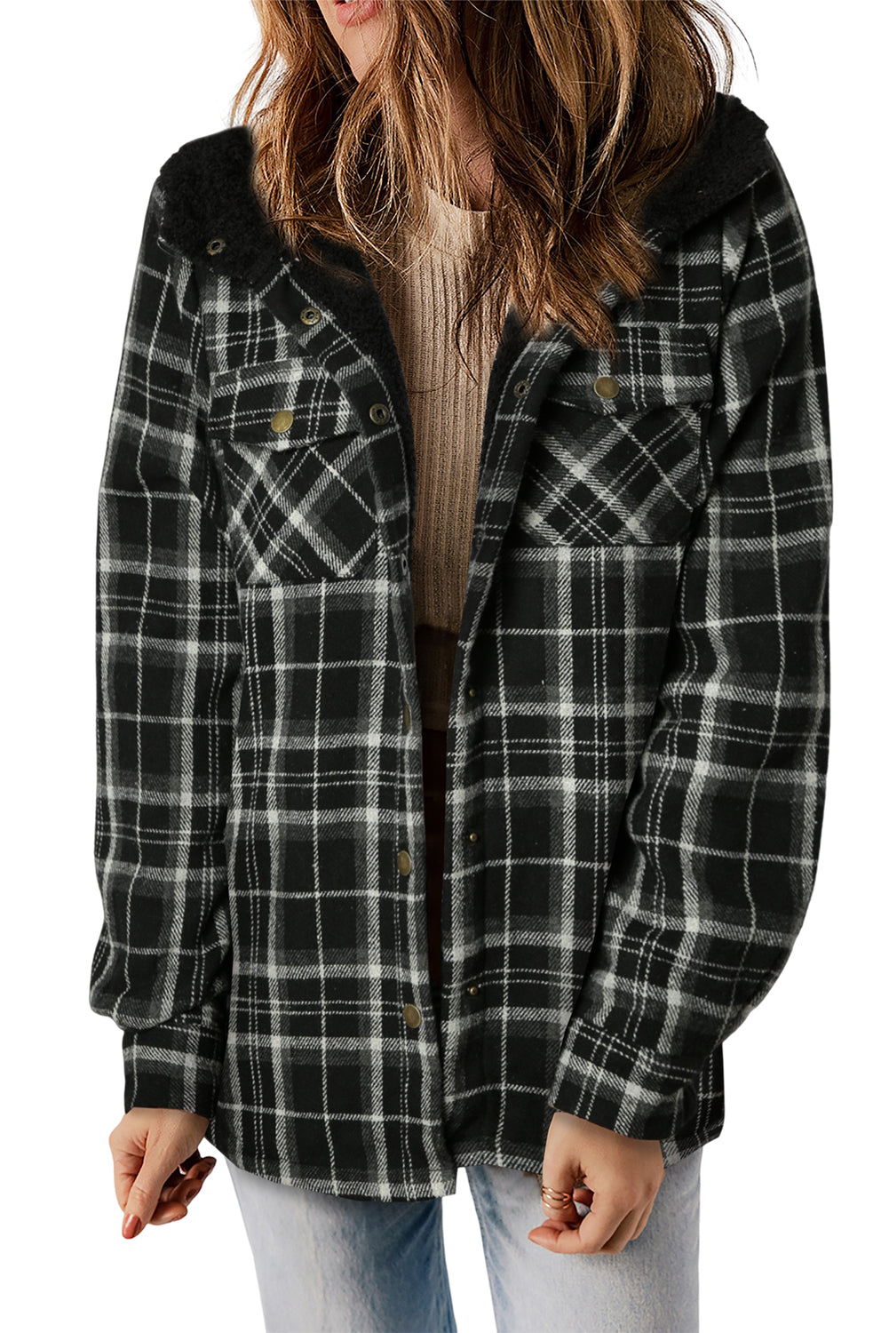 Veste a capuche noire a motif écossais doublée en sherpa
