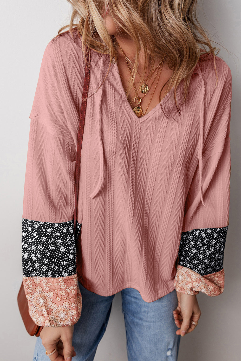 Blouse a col en V avec cordon de serrage en tricot texturé patchwork floral