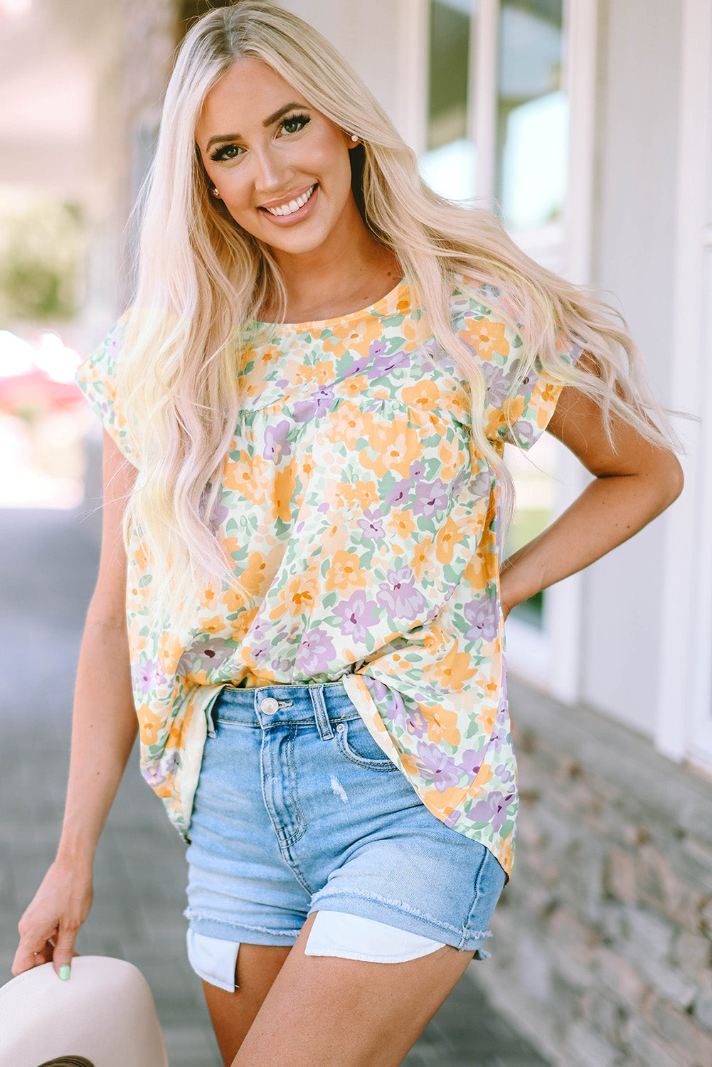 Chemisier babydoll à manches courtes et imprimé floral au dos
