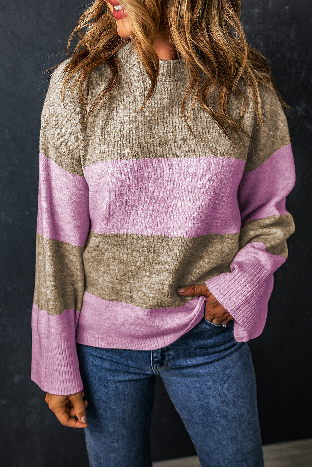Pull color block à manches larges et col rond
