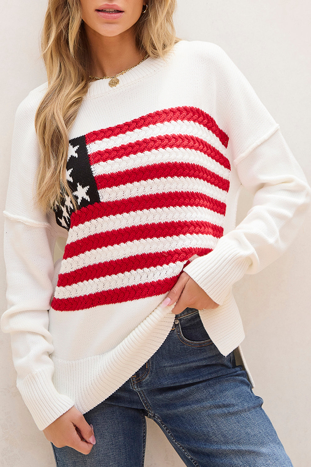 Pull à épaules tombantes en tricot torsadé drapeau américain