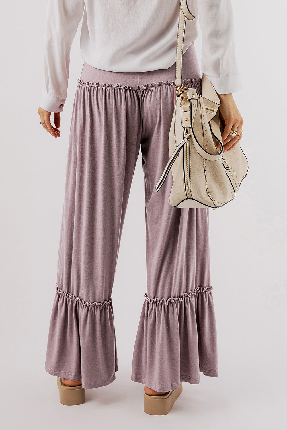 Pantalon large taille haute avec cordon de serrage et volants