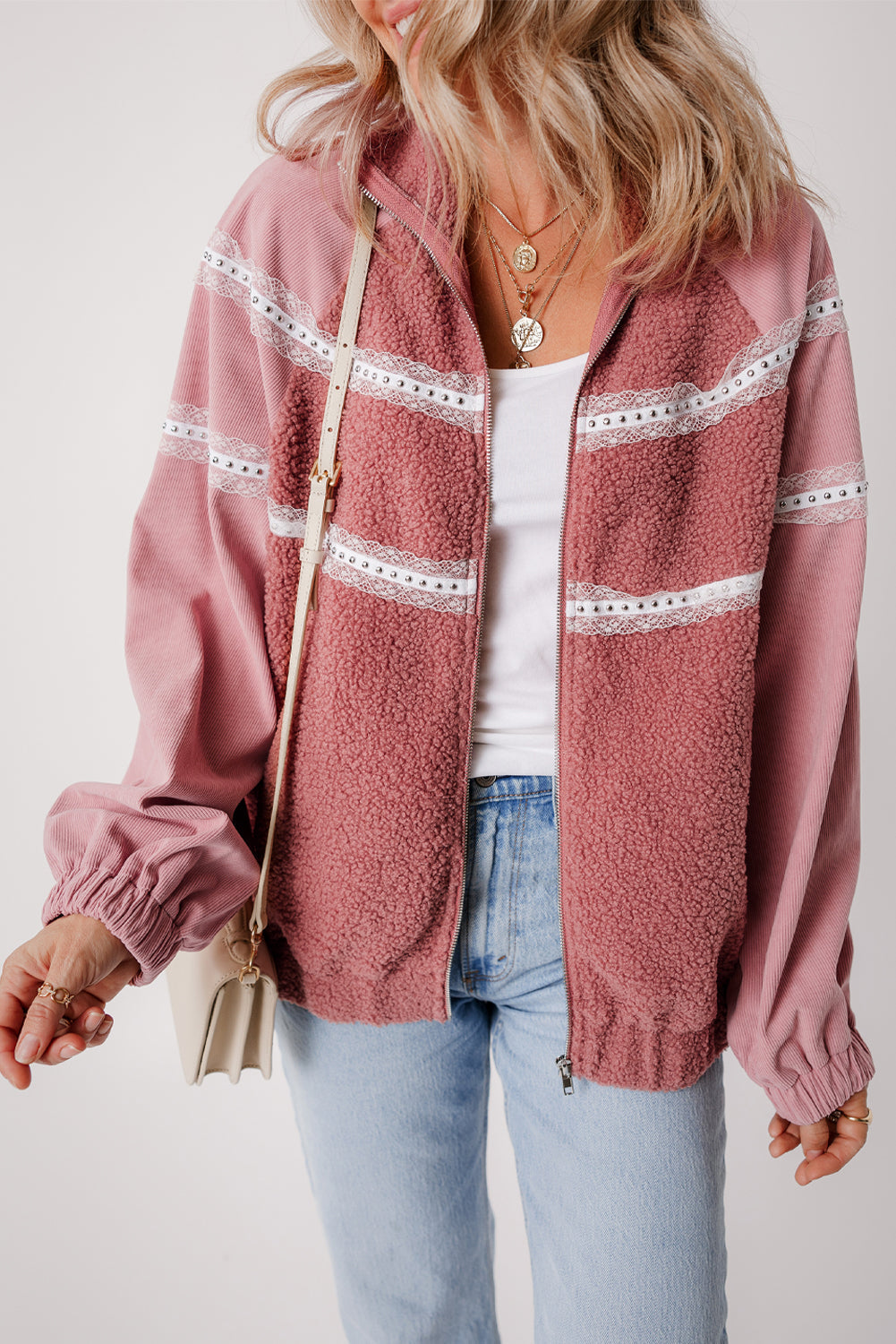 Veste zippée en sherpa patchwork en dentelle avec poignets élastiques