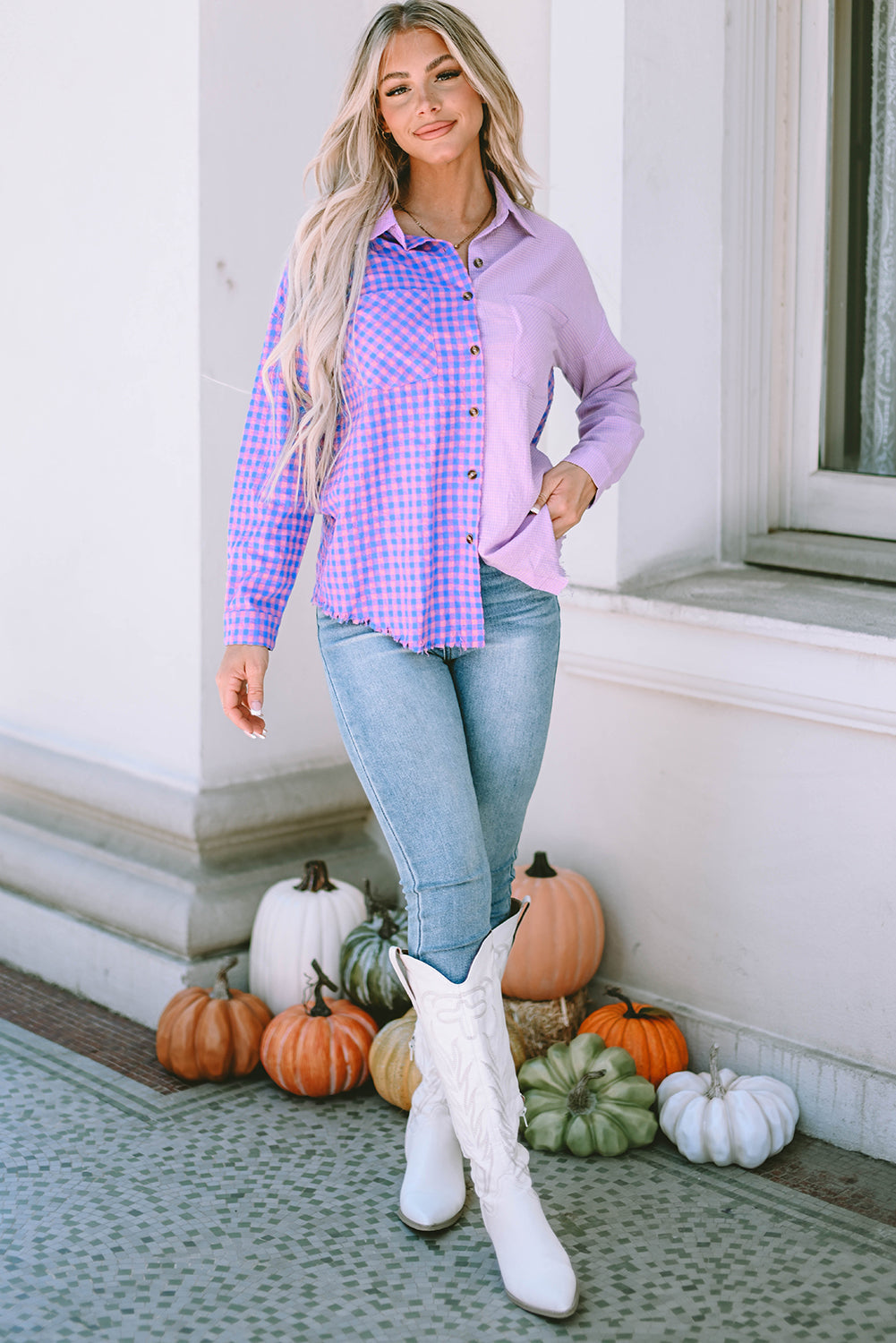 Chemise boutonnée à carreaux mélangés à manches longues et poche poitrine