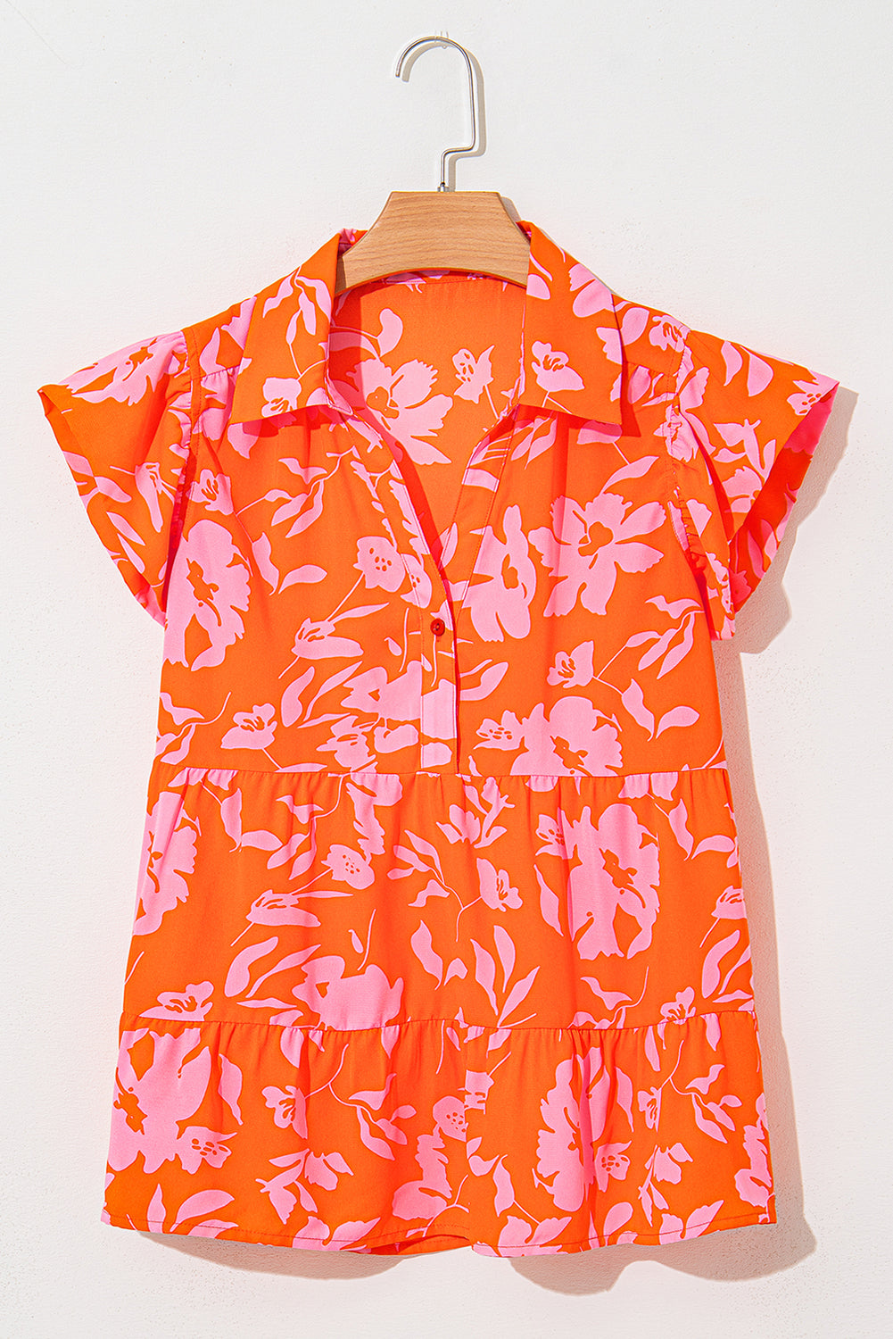 Chemisier à imprimé floral, col boutonné, manches flottantes
