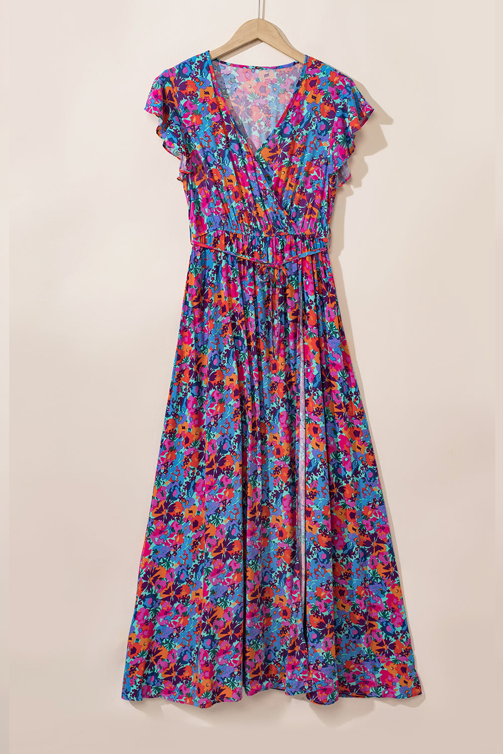 Robe longue fendue portefeuille a col en V et imprimé floral