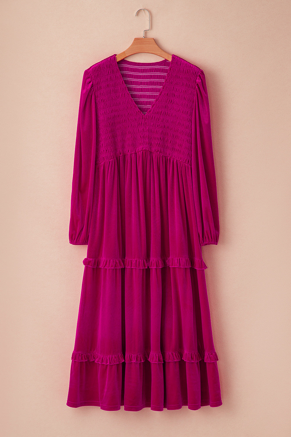 Robe longue froncée a col en V et a volants en velours de grande taille