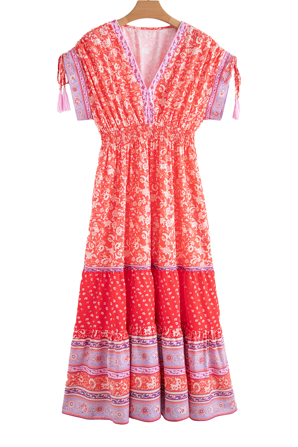 Robe longue taille empire à imprimé floral et manches nouées à pompons