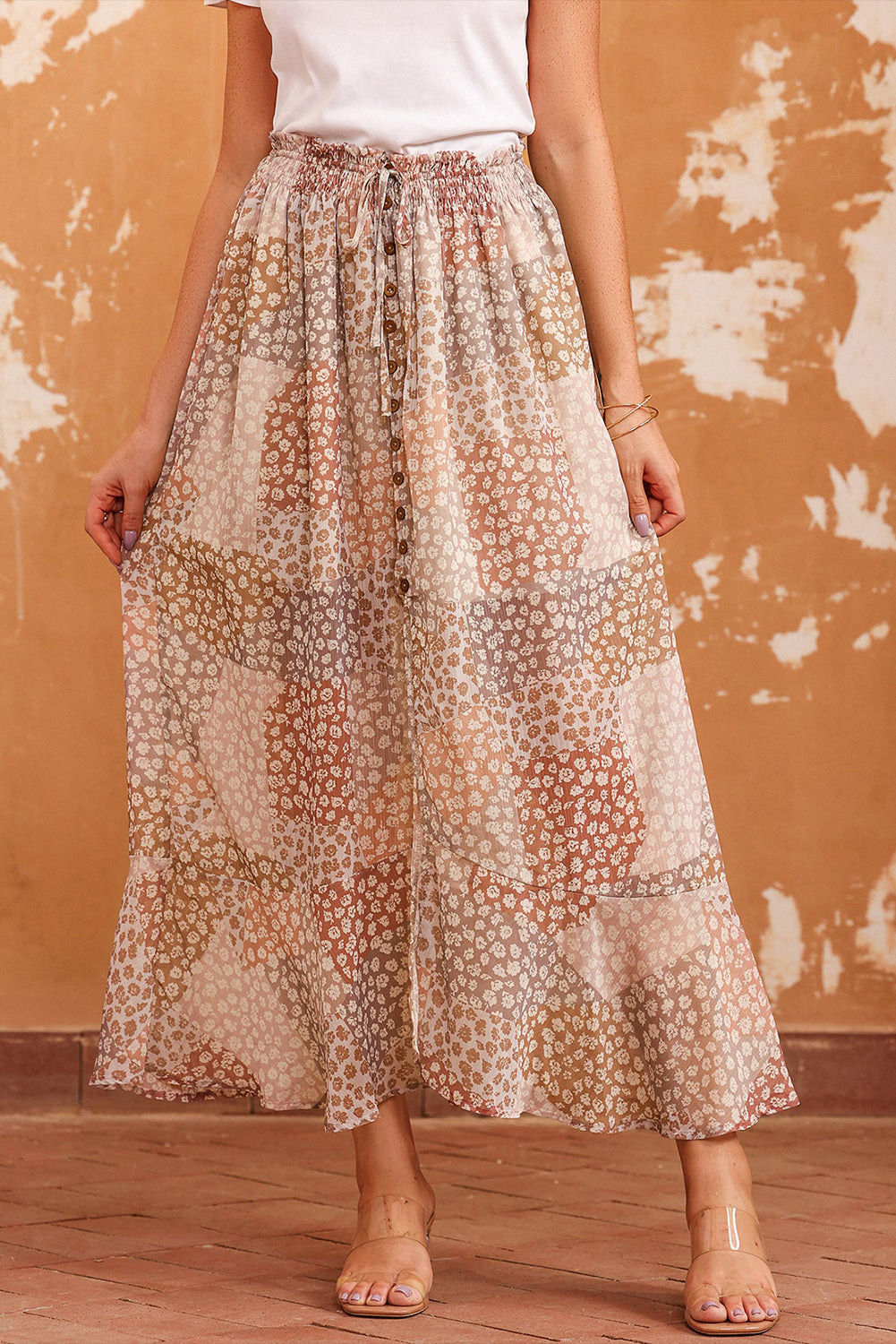 Jupe longue fendue boutonnée à la taille smockée à imprimé floral bohème