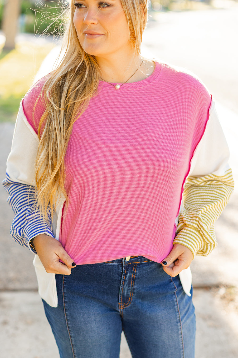 Haut Grande Taille a Rayures Colorblock Patchwork a Manches Bouffantes et Fentes