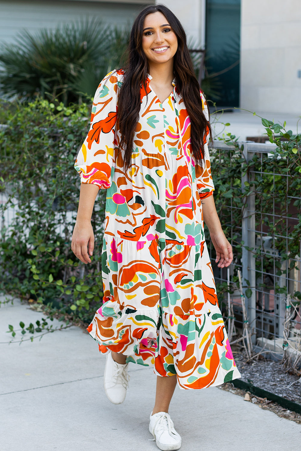 Robe longue a volants et col en V a imprimé floral