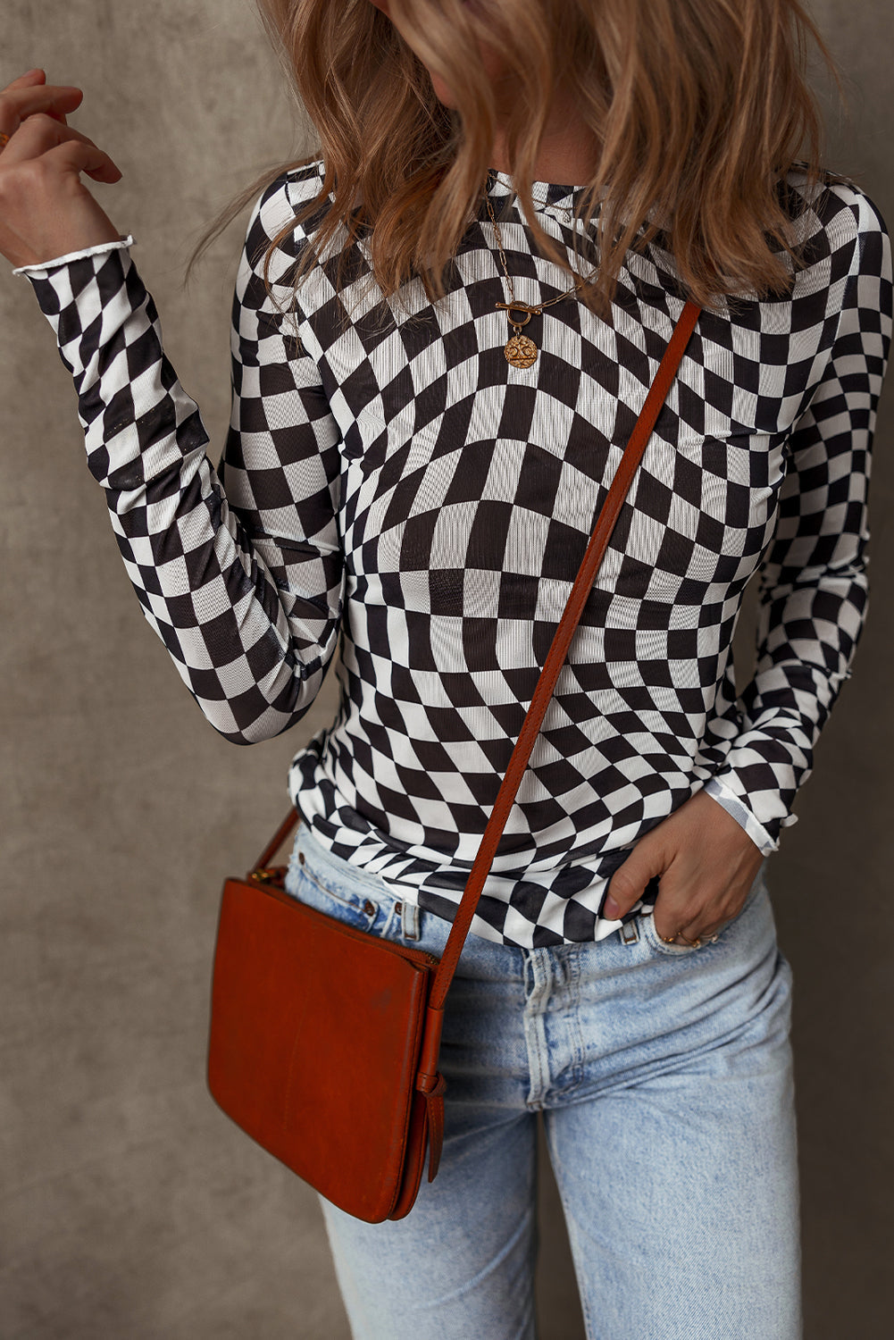 Haut a manches longues et col montant en maille a motif a carreaux