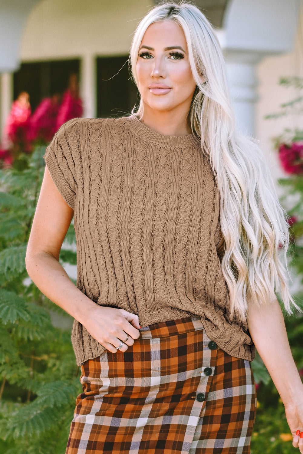 Pull a manches courtes en tricot torsadé a col rond