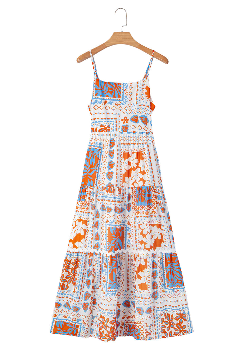 Robe longue à bretelles spaghetti et bordures en ricrac à imprimés multiples