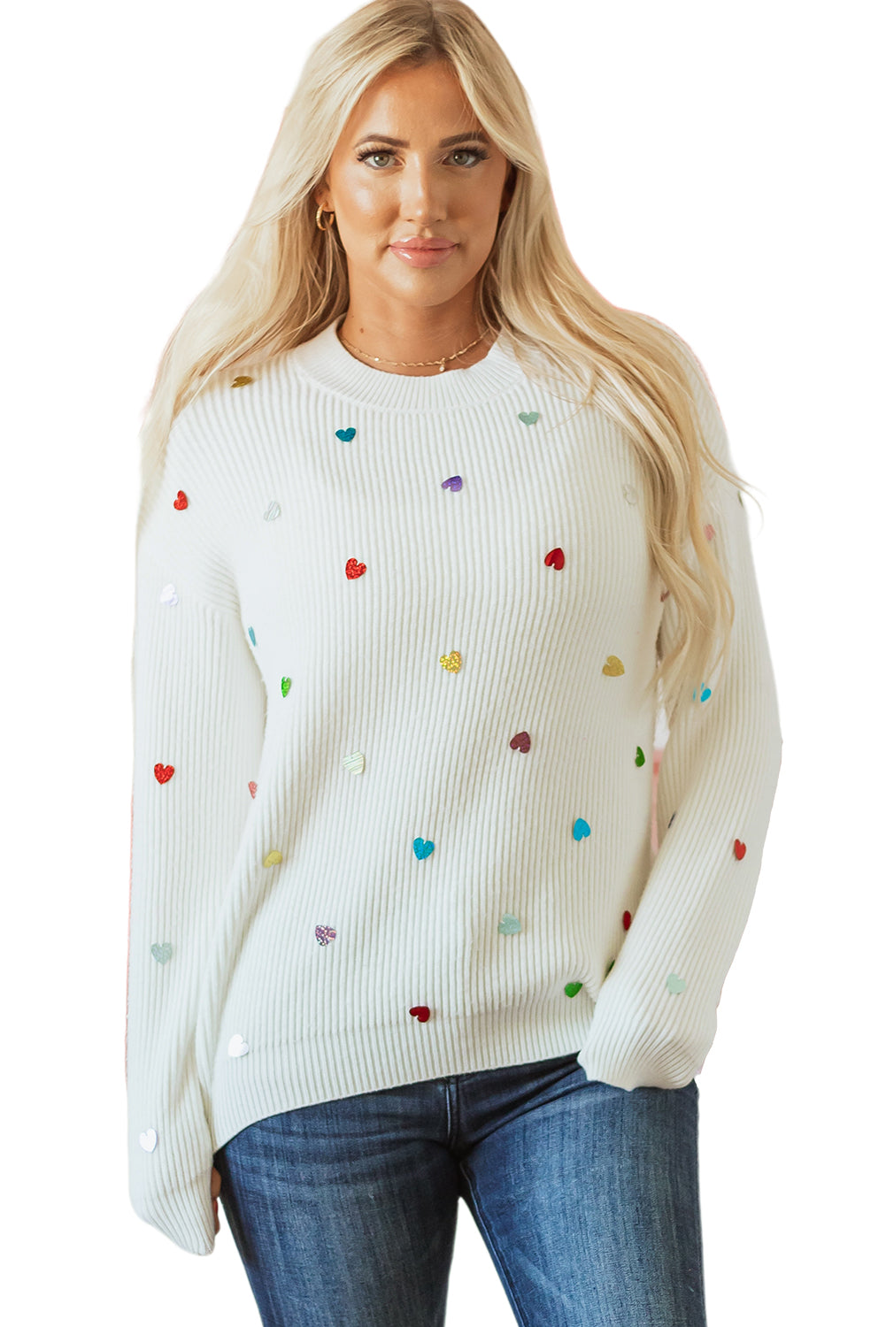 Pull a col rond en tricot gaufré en forme de cœur a sequins