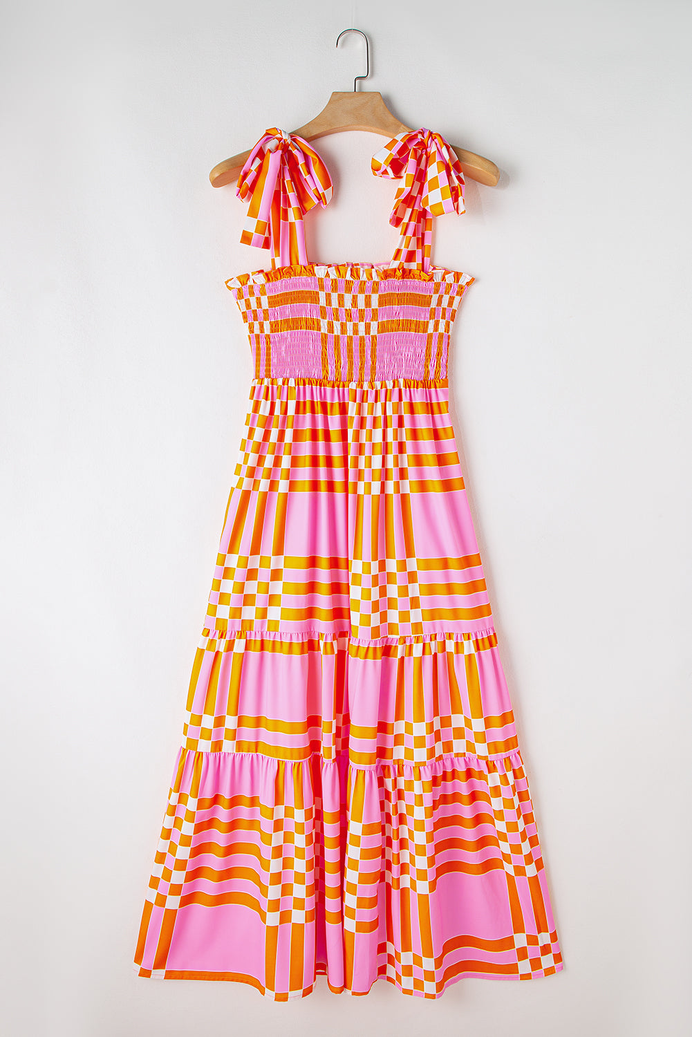 Robe longue smockée à bretelles nouées et vichy style bohème