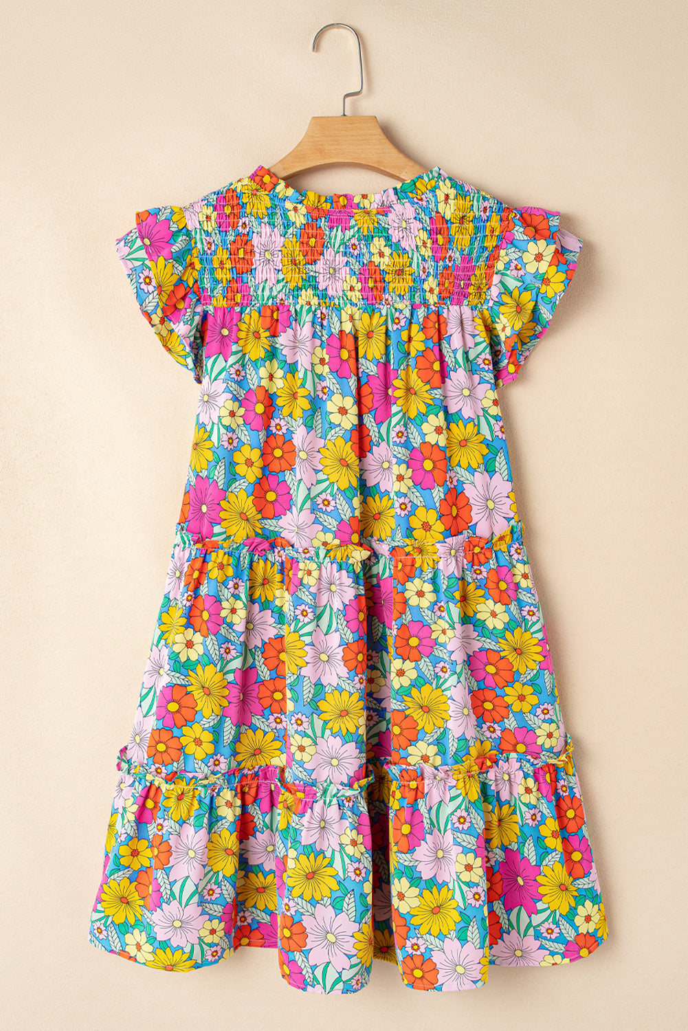 Robe courte à imprimé floral, smockée, col en V, manches flottantes