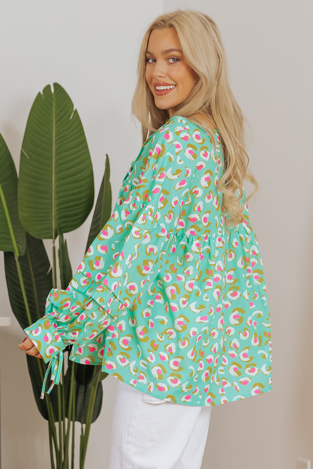 Chemisier babydoll a lacets et imprimé abstrait a manches lanternes