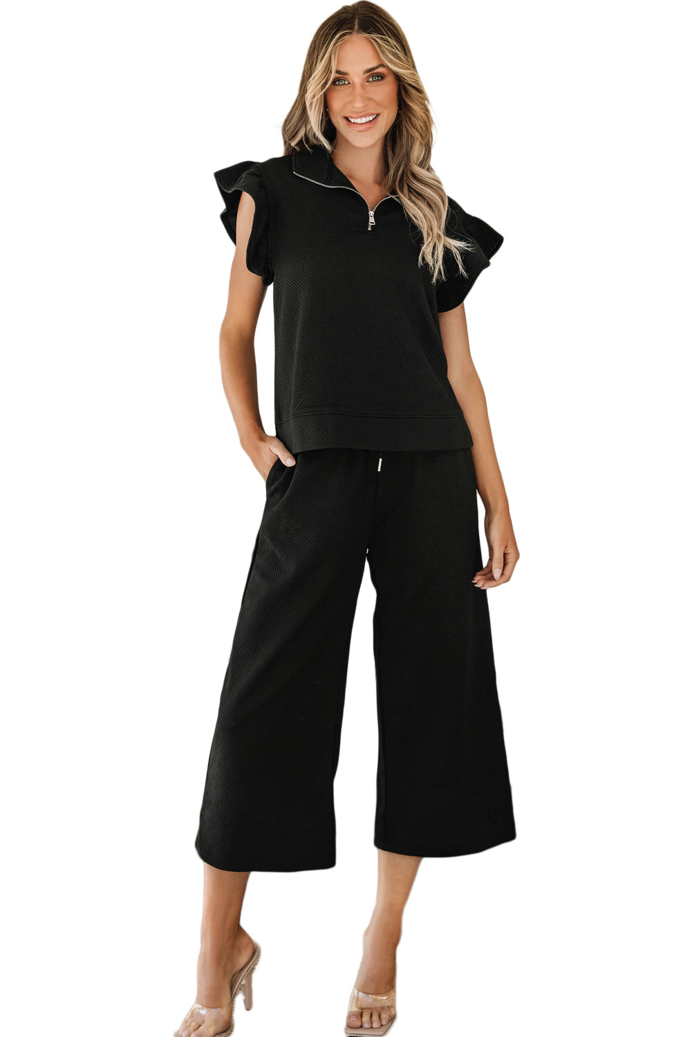 Ensemble haut et pantalon large texturé à manches flottantes