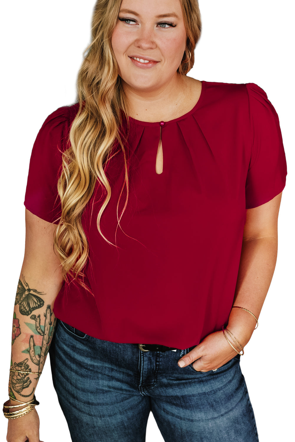T-shirt Plissé à Col Rond Grande Taille