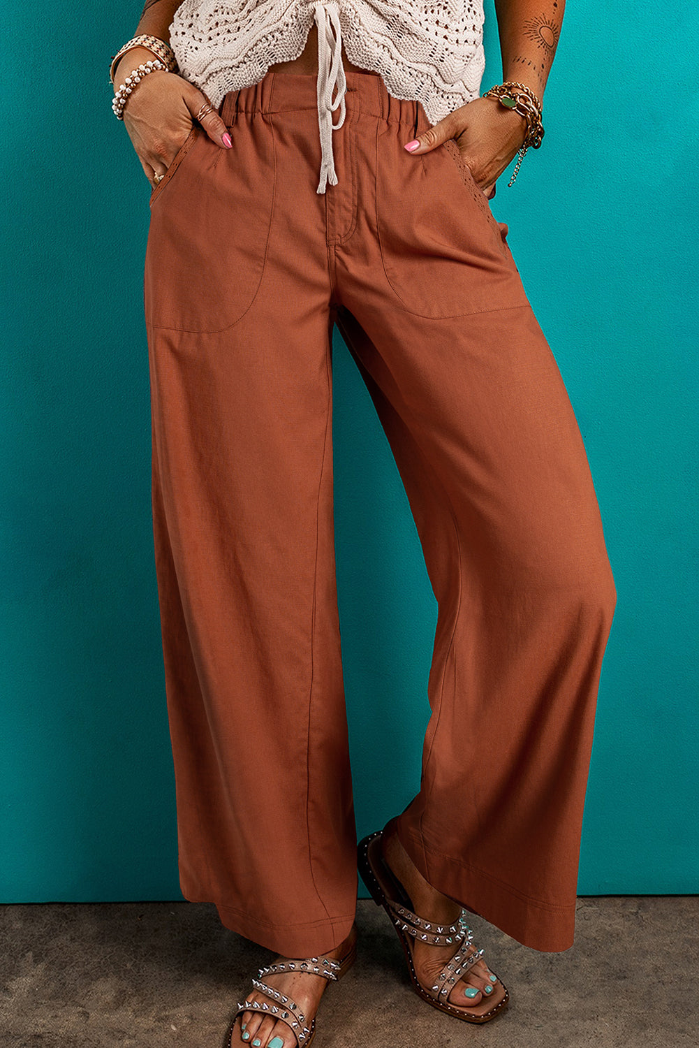 Pantalon décontracté a jambe droite avec poches a taille élastique