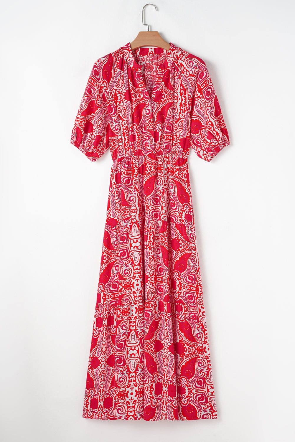 Robe longue taille haute à imprimé cachemire, fente latérale, manches bouffantes