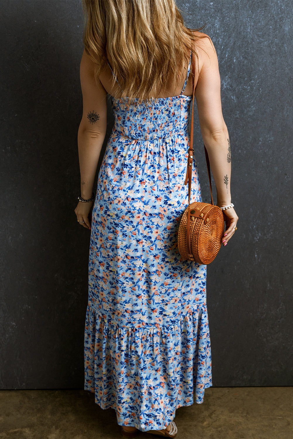 Robe longue froncée à volants et imprimé floral