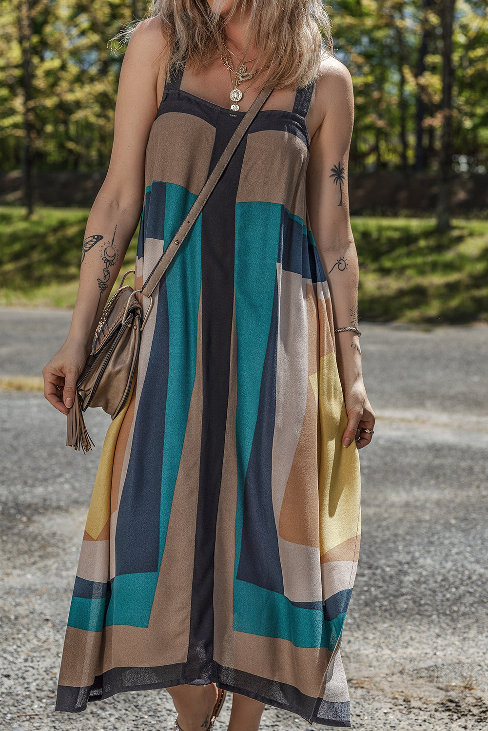 Robe sans manches à imprimé géométrique rétro dans le dos en Y