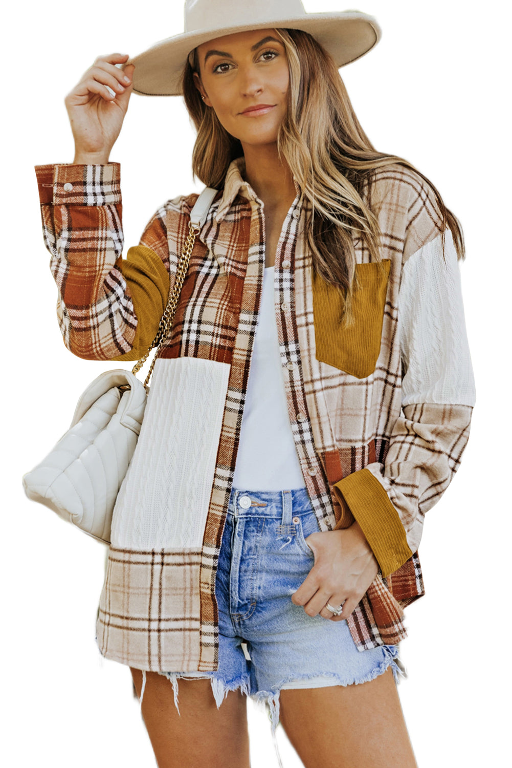 Veste chemise patchwork à carreaux orange avec poche et blocs de couleurs