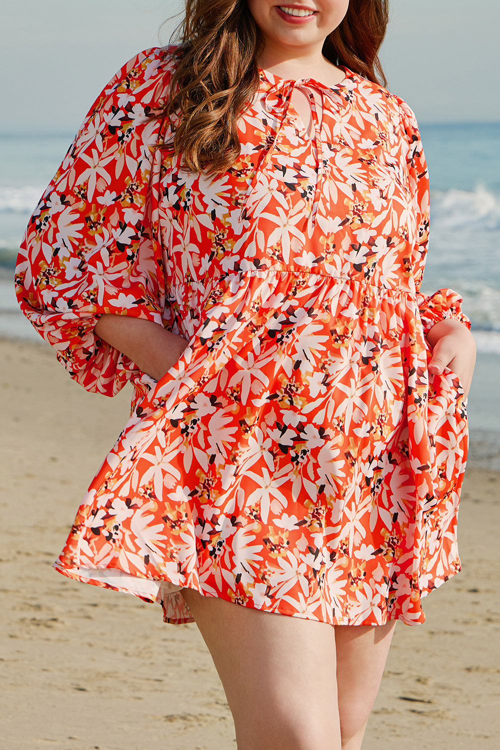 Robe mi-longue grande taille à imprimé floral, col en V, manches bouffantes