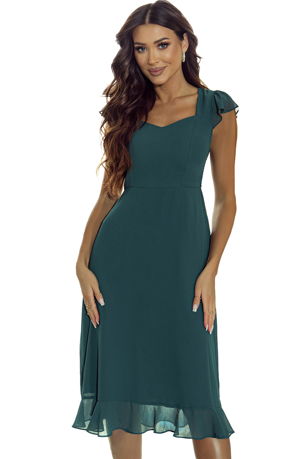 Robe midi froncée a dos ouvert et col en cœur a volants