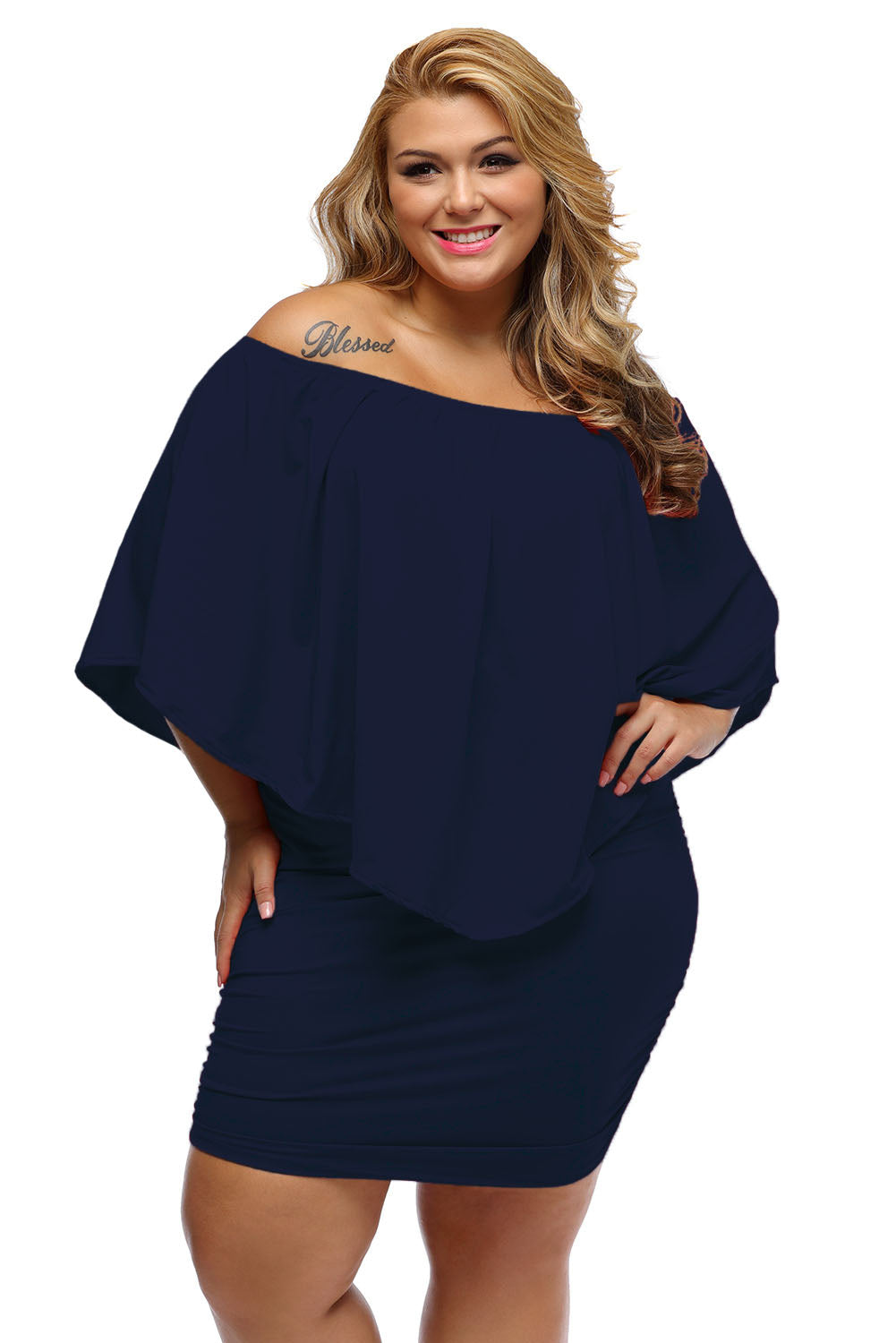 Mini-robe poncho superposée bleu foncé de grande taille