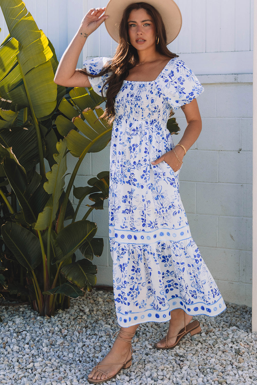 Robe longue à imprimé floral, col carré, manches bouffantes, taille haute