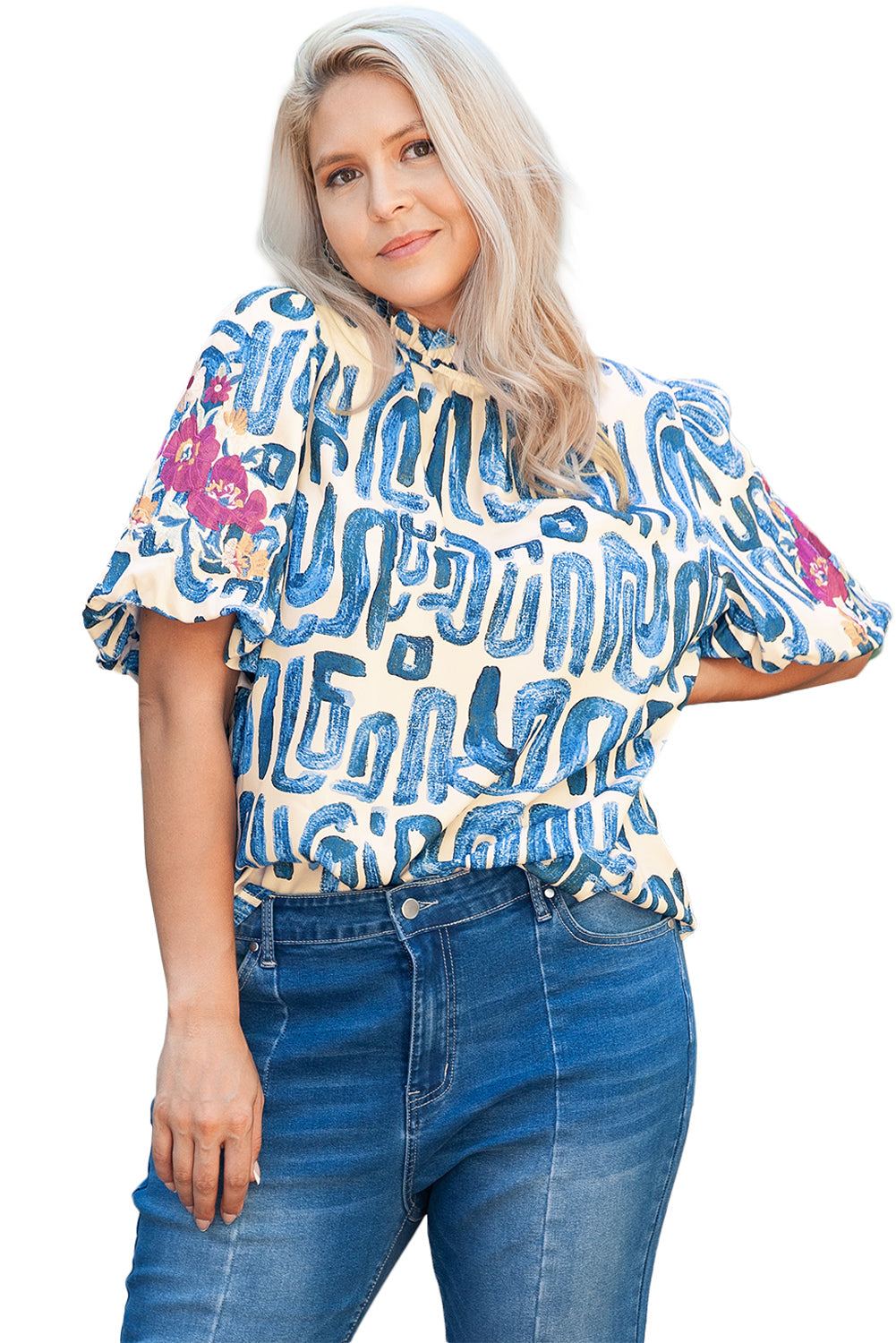 Blouse Brodée Florale Imprimée Abstraite a Manches Bouffantes de Grande Taille