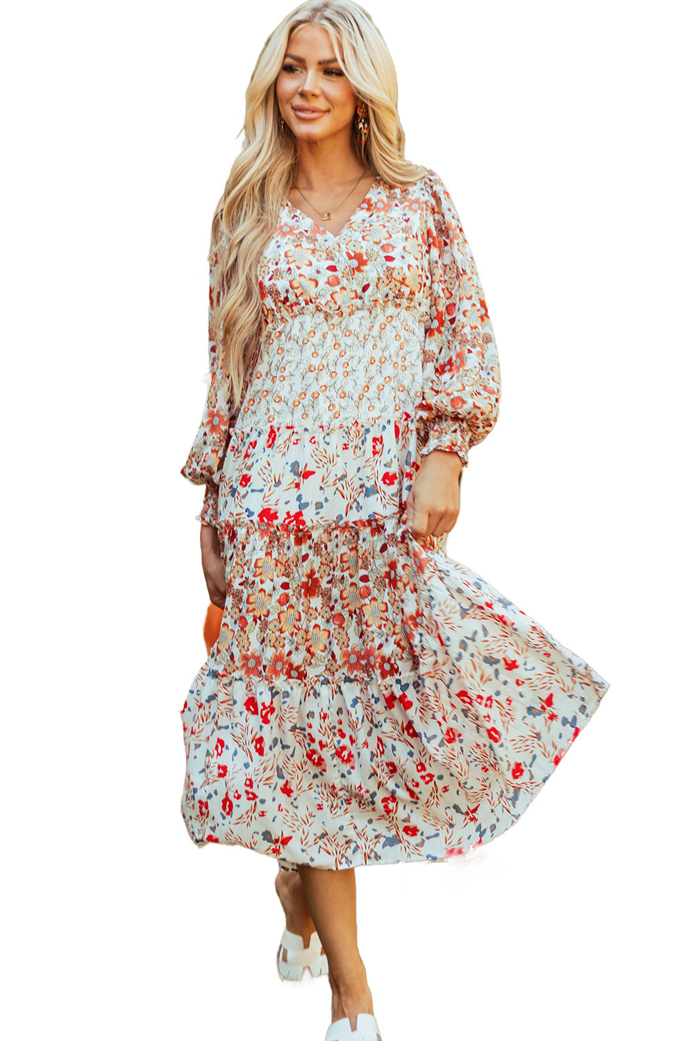 Robe mi-longue a volants et imprimé floral, manches longues, col en V