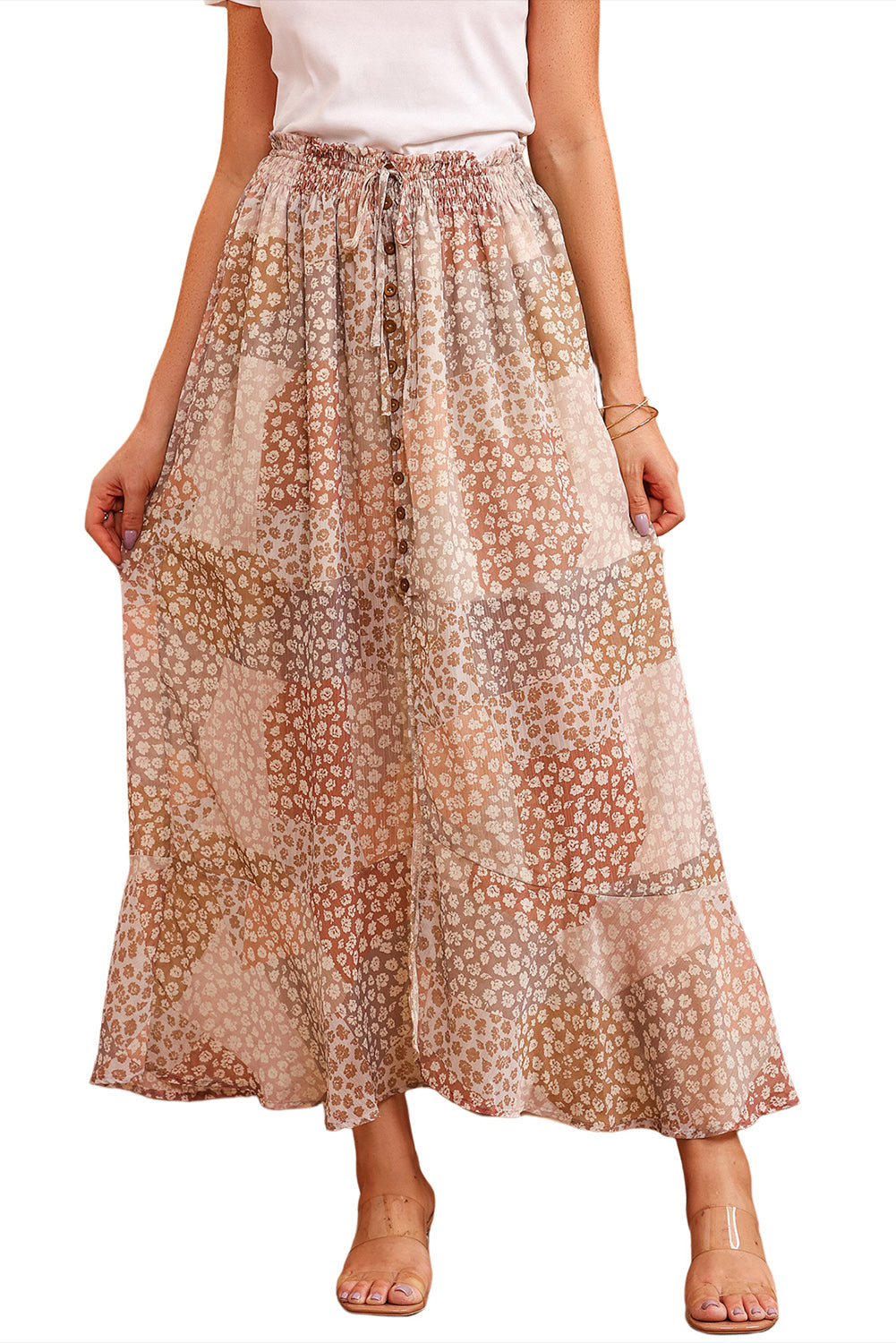 Jupe longue fendue boutonnée à la taille smockée à imprimé floral bohème