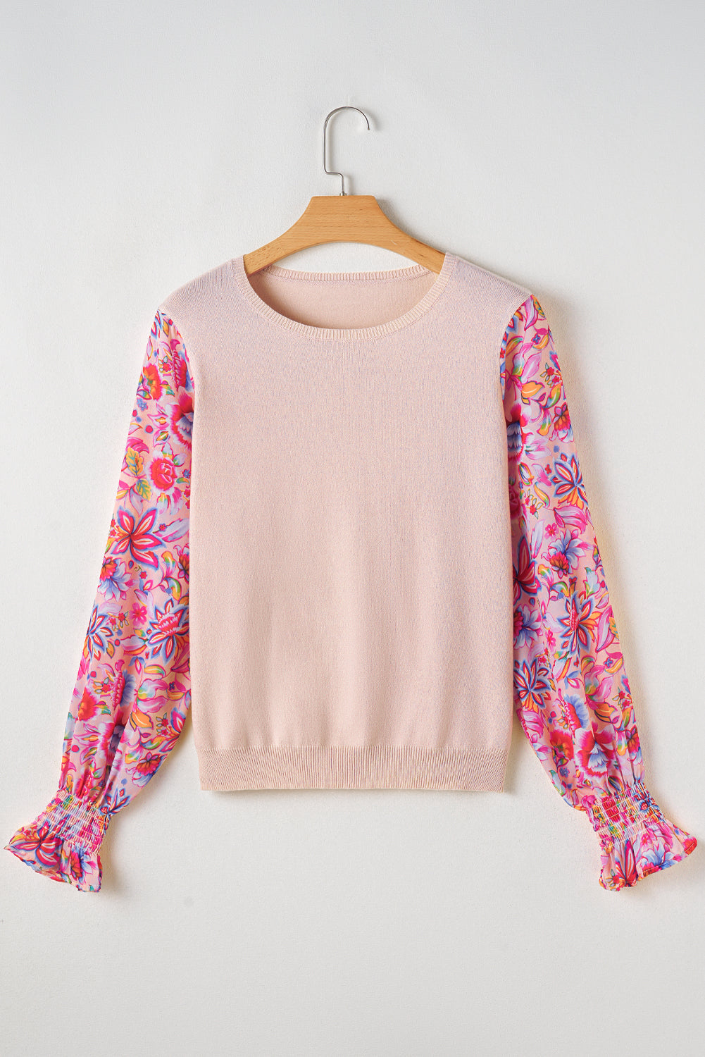 Haut en tricot a manches lanterne smockées et patchwork imprimé floral