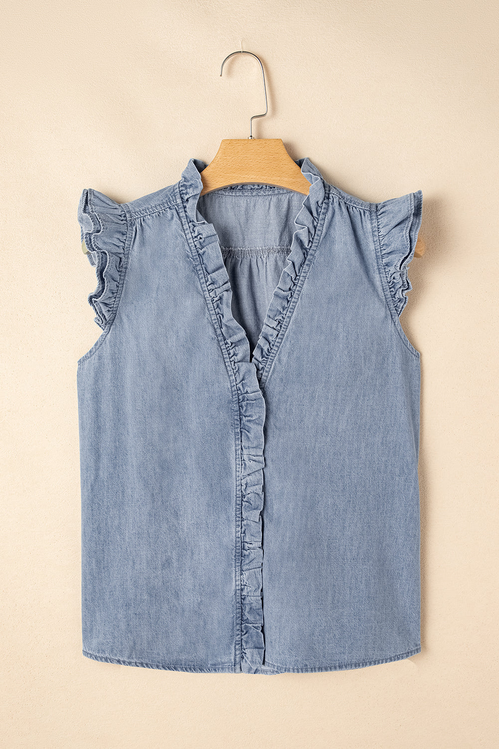 Débardeur en chambray à col en V et bordure à volants