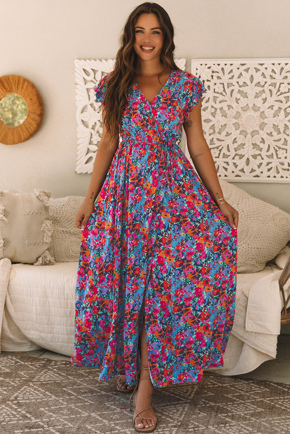Robe longue fendue portefeuille a col en V et imprimé floral