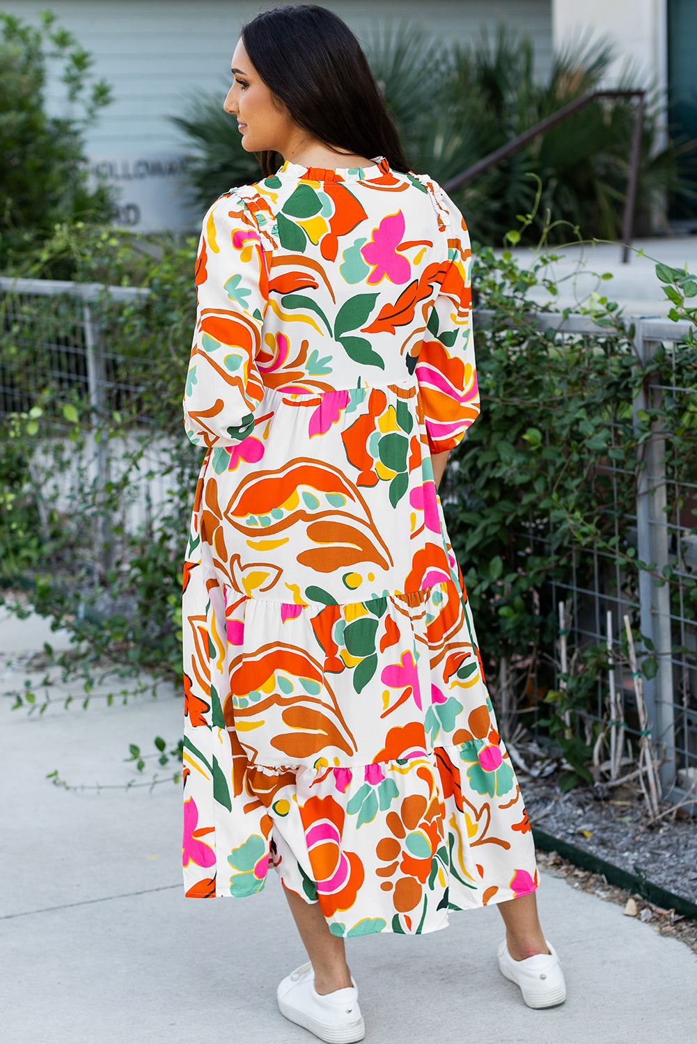 Robe longue a volants et col en V a imprimé floral