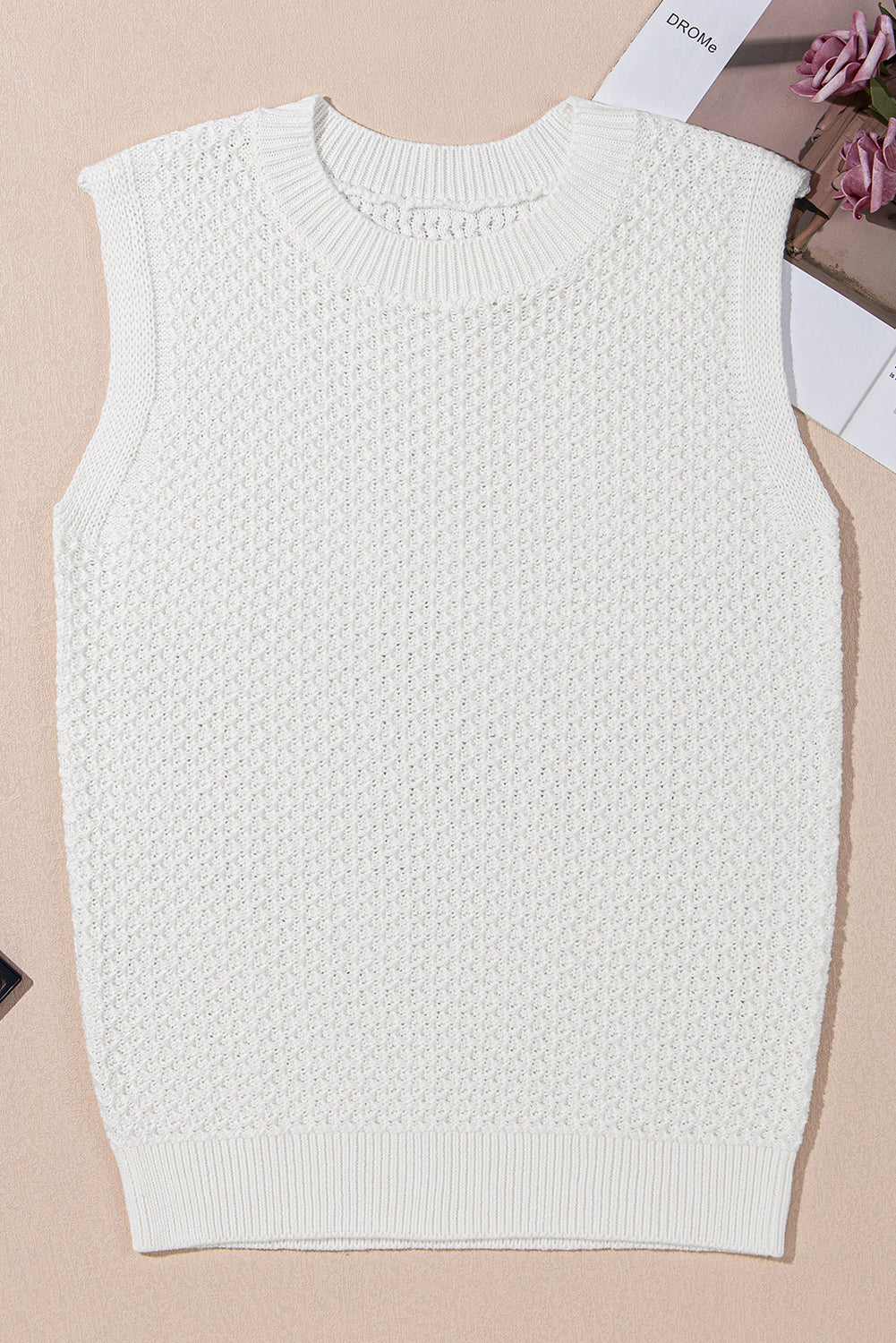 Gilet pull a col rond en tricot a œillets de couleur unie